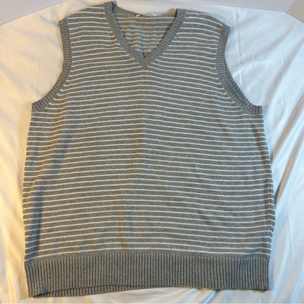 J. Crew Grey and White Striped V-Neck Sweater Vest, 100 Cotton Size XL